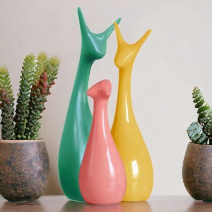 Artisans Alley Deer Family Showpieces | Decorative Item for Home Living Room | Antique Artpiece for TV Unit Centre Table | Gift for House Warming | Ceramic Figurine (Green Yellow & Pink)